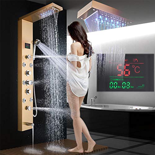 Huin Salle de bains d'or panneau de colonne de douche montage mural écran de température numérique lumière LED système de robinet de douche Massage Jet ensemble de douche