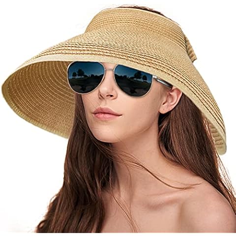 Sun Visor Hats for Women Wide Brim Roll Up UPF 50+ Ponytail Straw Beach Hat Travel - - M Cover