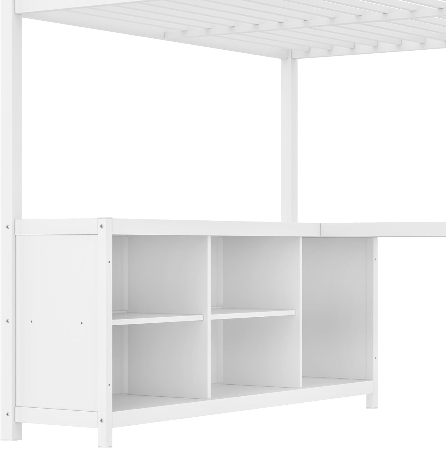 Bellemave Queen Size Loft Bed with Desk & Clothes Rack, All-in-One Heavy Duty Metal Loft Bed Frame with Storage Cube & Shelf, Space Saving Loft Bed Queen Size for Adult, Teen, Kids, Apartment, White