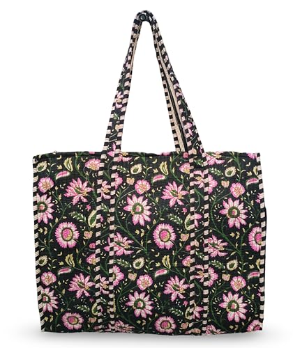 Image of Cotton Tiger Block Print Tote Bag, Indian Handmade Shopping Shoulder Bag, Unisex Market Daily Use