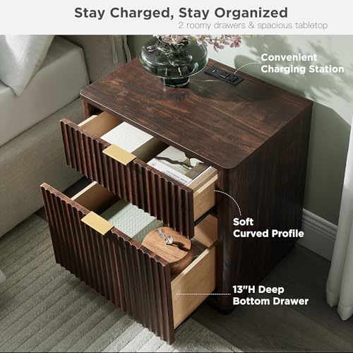 image for T4TREAM 23'' Fluted Nightstand Set of 2 with Charging Station, Large 2