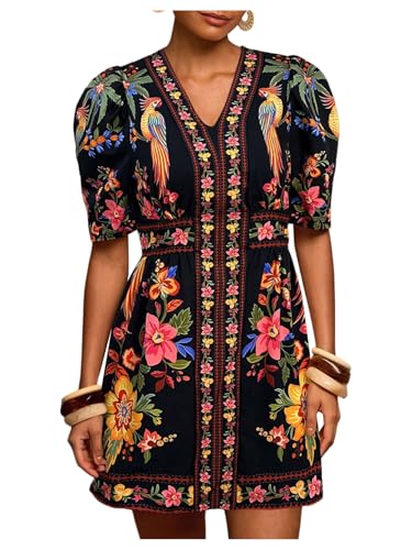 Image of RoseSeek Women's Boho Tropical Floral Dress V Neck Puff Sleeve Mini Dresses