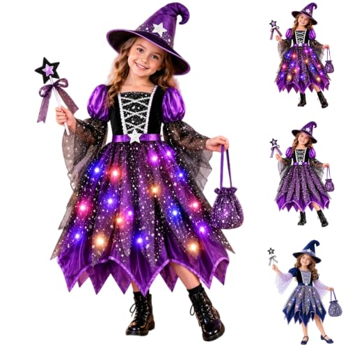 Witch Costume For Girls,Halloween Costume(01-Purple(Light Up),100=4-5Years) - image 1