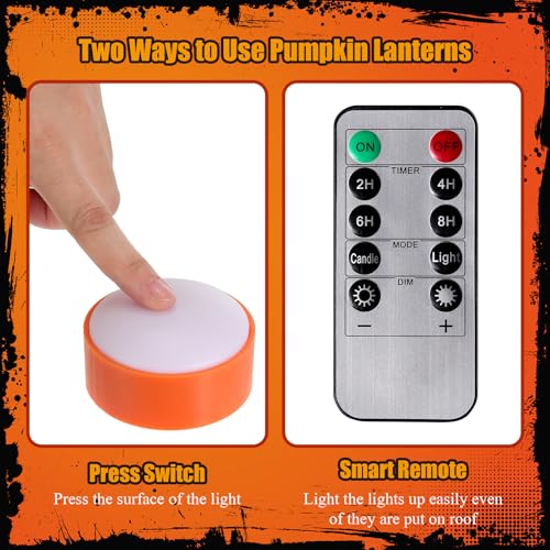 Image of Riakrum 6 Pieces Halloween Remote Timer LED Lights with Remote Summer Halloween LED Pumpkin Lights Battery Operated Lantern Bright Flameless Candle(Orange, Purple)