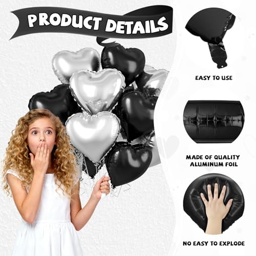 Image of Black Silver Heart Balloons, 10 Pcs 18 Inch Metallic Silver Black Heart Shaped Balloon Foil Balloons Helium for Boys Men Brithday Bridal Baby Shower Valentines Day Halloween Party Decorations