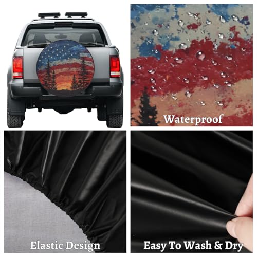 Image of Spare Tire Cover Forest Camping American Flag Wheel Covers Protectors Waterproof Dust-Proof Universal Fit Trailer, RV, SUV and Many Vehicle (15 inch for tire Diameter 27.55 inch-29.13 inch)