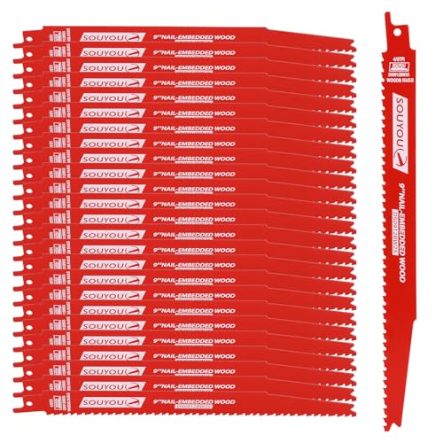 25 Pack 9 Inch 4/6 Tpi Reciprocating Saw Blades Bi-Metal with Coating Stud and Reciprocating Saw Blades for Cutting Embedded Wood Metals PVC Pallets etc.