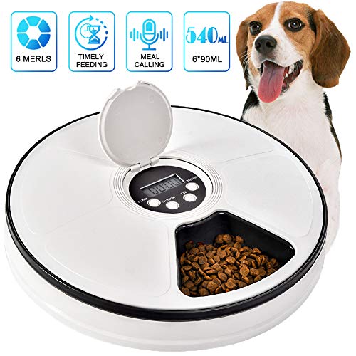 Pawzone Automatic Feeder Cat Dog Pet Timed Feed 6 Meal Trays Dry Wet Food Dispenser with Voice Remind,LCD Smart Programmable Feeder (Black)