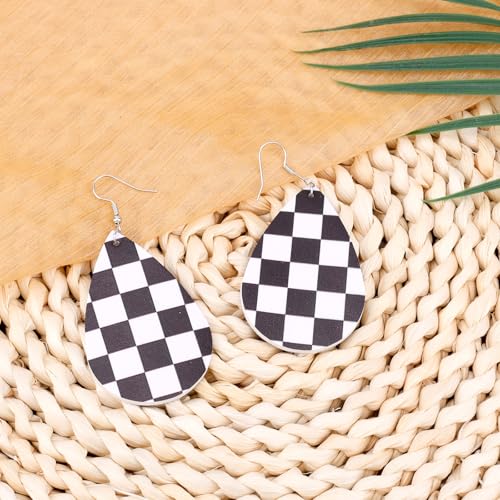 Checkered Earrings for Women, Black and White Chessboard Dangle Drop Earrings Lightweight Leather Teardrop Vintage Accessories Gift for Her3
