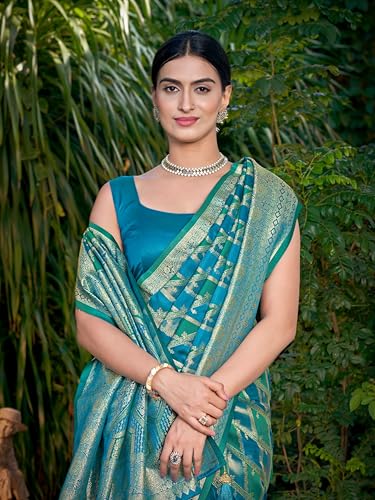 Image of MANOHARI Women's Trendy Banarasi Satin Silk Woven Saree with Heavy Jacquard Work, Elegant Design with Matching Lace Border Unstitched Blouse Piece for Weddings & Festive Occasions
