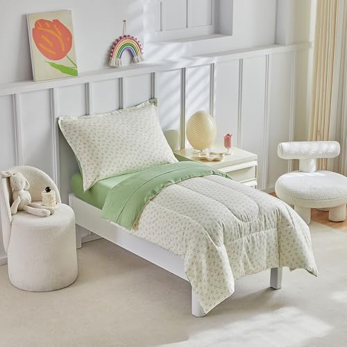 Image of DuShow Toddler Bedding Set for Girls and Boys,4 Piece Bed-in-a-Bag Toddler Comforter Sets,Green Floral Crib Bedding Sheets Set,Include Quilt Comforter,Flat Sheet,Fitted Sheet,Pillowcase