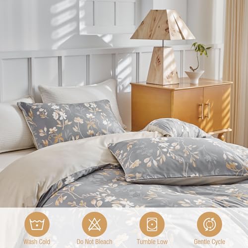 Image of Lekesky King Duvet Cover Set, Gold Floral Duvet Cover King Size, 3 Pieces Grey Bedding Sets with Zipper, Ultra Soft Microfiber Reversible King Size Comforter Cover with 2 Pillowcases 20 inchx36 inch