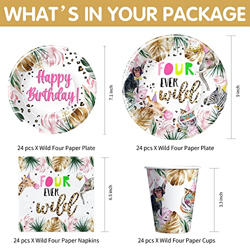 Apowbls Safari Jungle Animal 4Th Birthday Party Supplies - Four Ever Wild Birthday Decorations Girl, Plates, Cups, Napkins, 4-Year-Old Birthday Party Supplies For Jungle Party Decorations | Serves 24 #TOP1