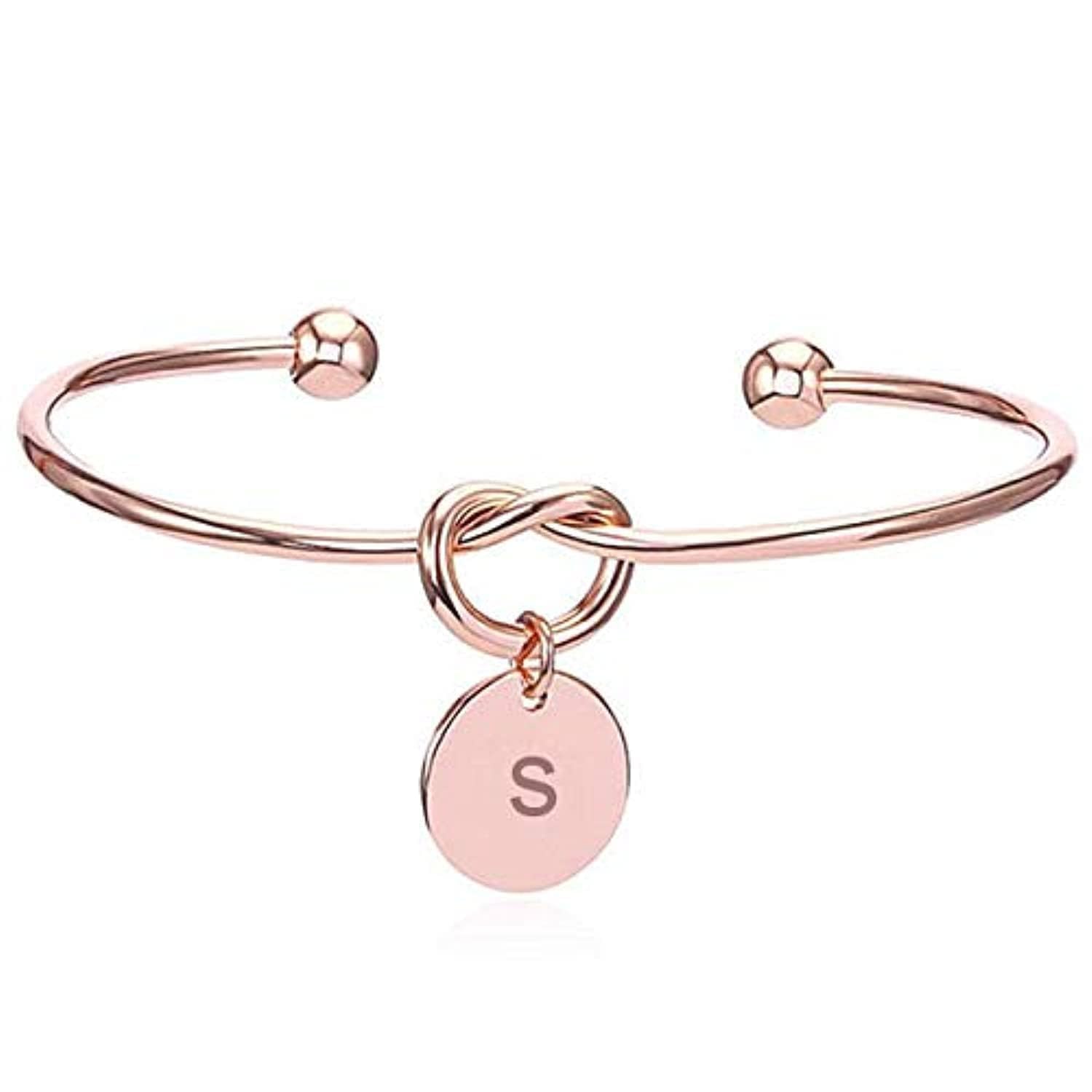 Charming Knot Heart Alphabet Letter's Initial Rose Gold Plated Cuff Bangle Best Gift Love Proposal Bracelet for Women and Girls