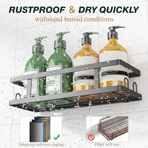 Adhesive Shower Caddy,Shower Shelves with Soap Holder and 12 Hooks,Rustproof No Drilling Bathroom Organizer and Storage,Black,3 Pack - Image 3