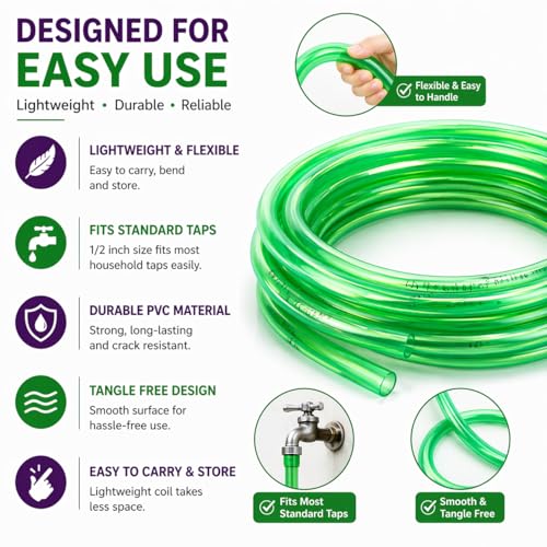 Image of 1 /2 Inch 19.68 feet (6 meter) Garden Hose Pipe with Rubber Tap Connector | Lightweight Flexible PVC Water Pipe for Home Use (Transparent Green)
