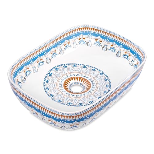 Image of Bonkaso Moroccan Designer Table Top Wash Basin | 45 x 32.5 x 13.5 cm Countertop Ceramic Bathroom Sink | Polished Modern Big Vanity Wash Basin for Bathroom & Living Room (Blue Pattern)