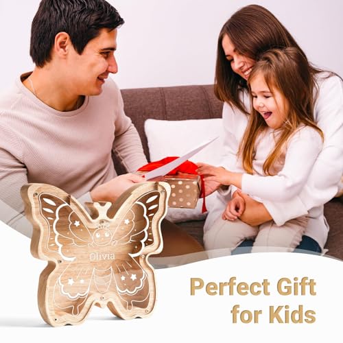 Image of Wooden Butterfly Piggy Banks Coin Bank for Kids | Custom Gifts for Kids Easter Birthday Decor, Wooden Cashbox Money Jar Educational Toy for Boys Girls