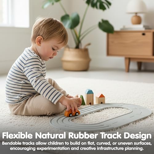 Image of PlanToys Rubber Road & Rail Set Small Montessori Play Set | Imagination, Problem Solving and Early Movement Exploration | Eco Friendly Road and Rail Set for Meaningful Play