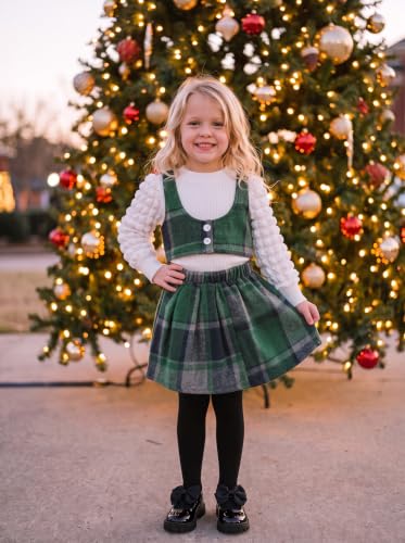 Image of Toddler Girls Fall Winter Outfits Girls Puff Sleeve Knit Ribbed Tops Button Down Vest Plaid Skirt Set Fall Clothes