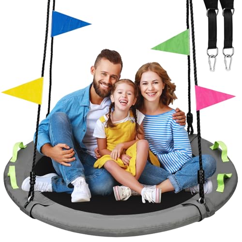 Image of 48 inch Tree Swing, Larger Saucer Flying Swing for Whole Family, 900lbs Weight Capacity, with Adjustable Hanging Straps, for Outdoor Playground, Gray