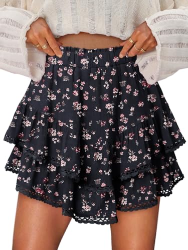 onlypuff Pantalones cortos fluidos para mujer, minifaldas con volantes, cintura alta, pantalones cortos de tenis para adolescentes, pantalones cortos de verano, C Flor Negra, M