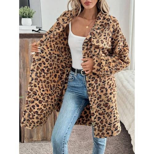 Women's Faux Fur Long Jacket Fleece Leopard Printed Button Down Coats Lapel Flannel Jacket Winter Fall Outwear2