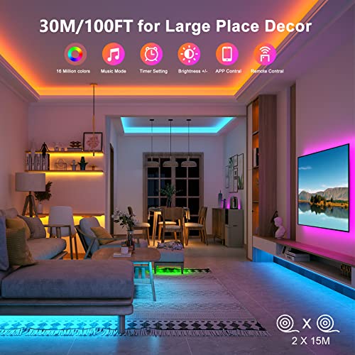 Bonve Pet 100ft Led Lights for Bedroom,Music Sync Color Changing LED Lights with Remote and App Control 5050 RGB LED Strip Lights, LED Lights for Room Home Party Christmas Decoration(2 Rolls of 50ft)