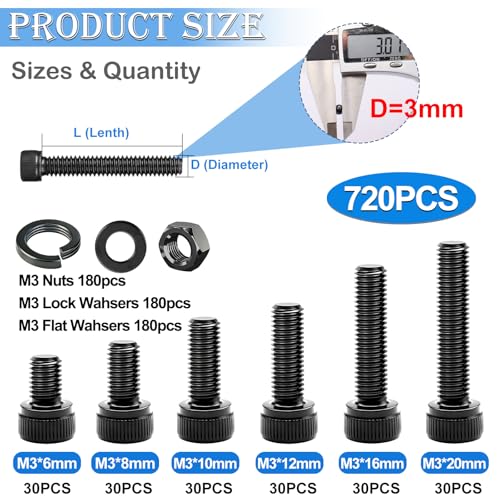 Image of mxuteuk 720PCS M3 Screws Kit,M3x6 /8 /10 /12 /16 /20mm M3 Screws Assortment Kits,12.9 Alloy Steel M3 Hex Socket Head Bolts Nuts Washers Set Suitable for 3D Printer,DIY