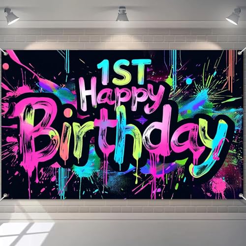 Image of HOMETITUTE Neon 1st Happy Birthday Banner 71x43 Inch Paint Splatter Backdrop Colorful Wall Decorations for Kids Boys Girls First Birthday Photo Booth Background Supplies and Event Decor
