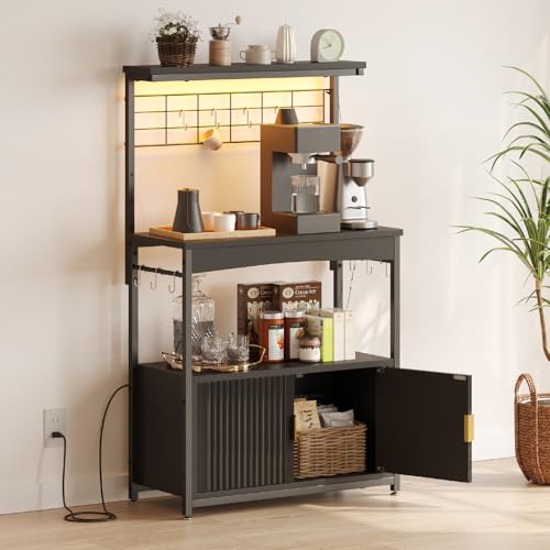 Bestier Bakers Rack with Power Outlet, Height-Adjustable 45" to 55" Kitchen Microwave Stand with Storage Cabinet, Coffee Bar Cabinet with LED Light, Kitchen Stand with 10 S-Hooks (Black)