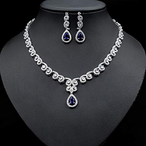 WJCRYPD Necklace Set Luxury AAA Cubic Zirconia Pave Wedding Jewelry Set 2pcs Earring Necklace Set for Women Gift Ensemble Jewelry Set SurongL (Color : Blue)