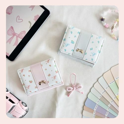 Image of Girls Wallet Cute Bow Coquette Floral Small Kawaii for Women Aesthetic ID Window for Ladies (Purple)
