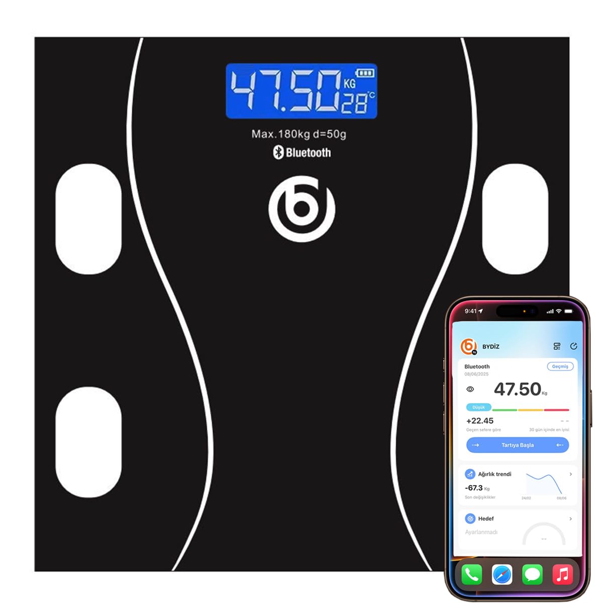 Dijital Baskül Bluetooth Vücut Analiz Tartısı - Akıllı Yağ Ölçer Baskül - Android ve iOS Uyumlu, 180 kg Kapasiteli Hassas Terazi (Bydiz)