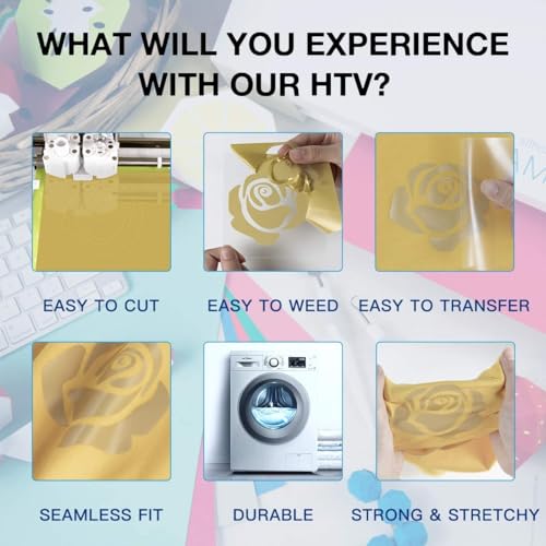 Image of HTVRONT Heat Tranfer Vinyl Roll - 12 inch x 80ft Gold HTV Vinyl for T Shirts, Iron on Vinyl Compatible with Cricut Cutting Machine - Easy to Use for Personalized Gifts (Gold)