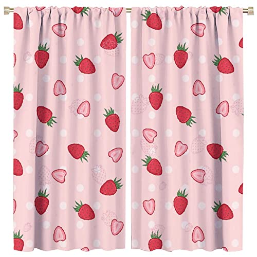 INSFBRB Pink Red Strawberry Rod Pocket Blackout Curtains for Living Room,Insulated Girls Cartoon Cute Fruit Strawberry Print Bedroom Curtains,2 Panels 45L x 21W