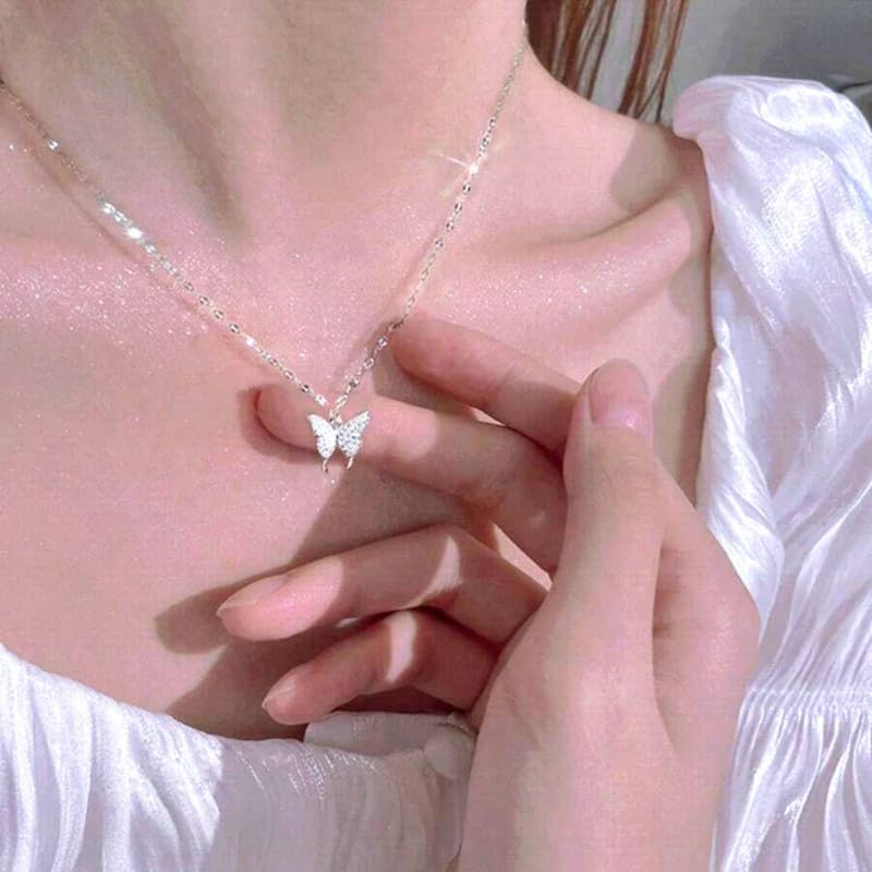 Image of Zarkan 925 Sterling Silver Butterfly Pendant with chain ring Jewellery Set | Rhodium Plated,American diamond | Gift for Women & Girls
