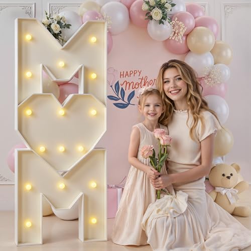 imprsv Happy Birthday Mom Mothers Day Decorations 4FT MOM Marquee Letters MOM Light Up Letters for Mom Birthday Decorations MOM Light Up Sign Led Letters Heart for Happy Mothers Day Backdrop Party Decor