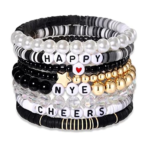 FAERLIIRY New Year Bracelets for Women Beaded Stretch Bracelets Clay Beaded Bracelets Stackable Bracelets Preppy 2024 Happy New Year Party Jewelry Gift (New Year) Cover