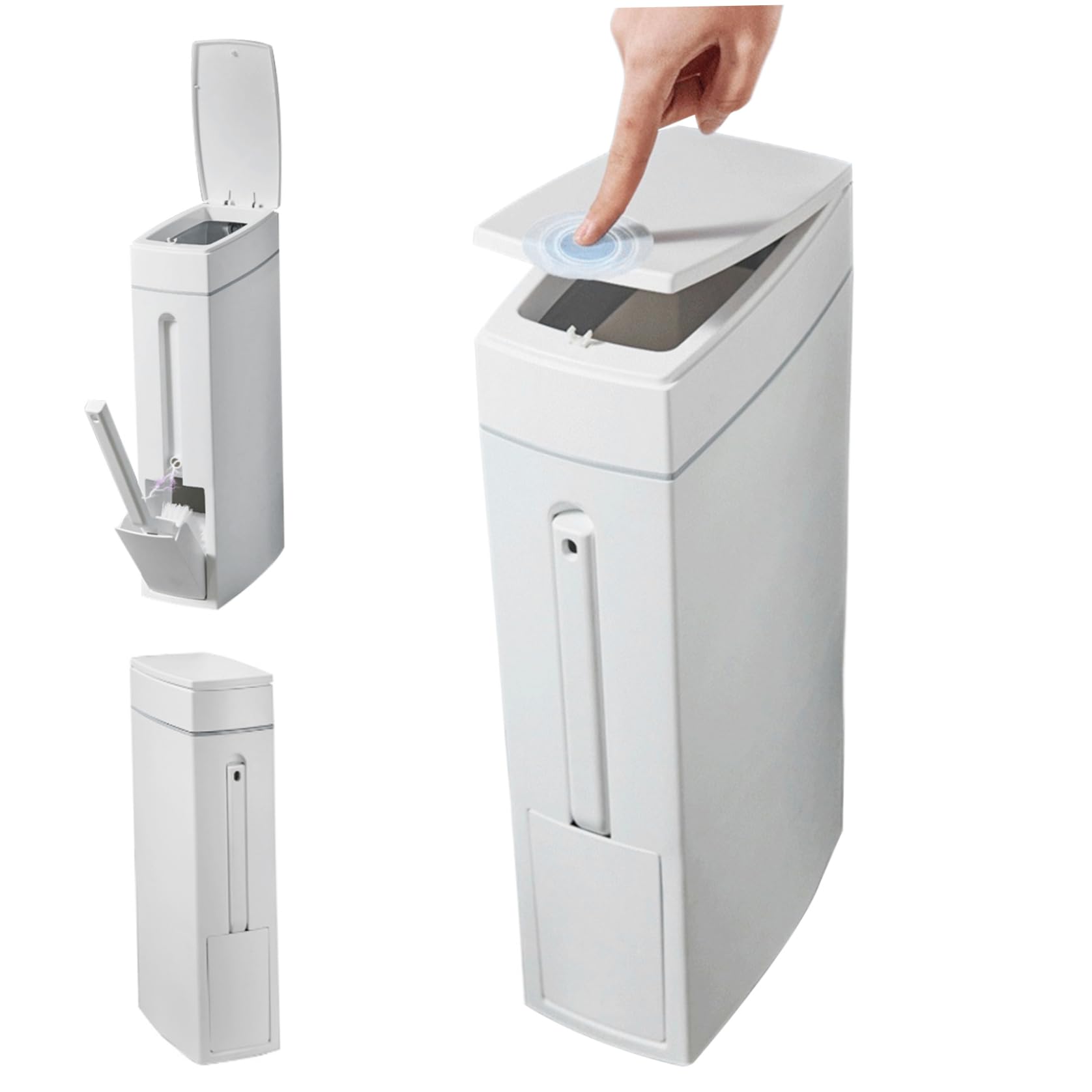 Bote de basura delgado para baño rectangular blanco con tapa de pulsar 1