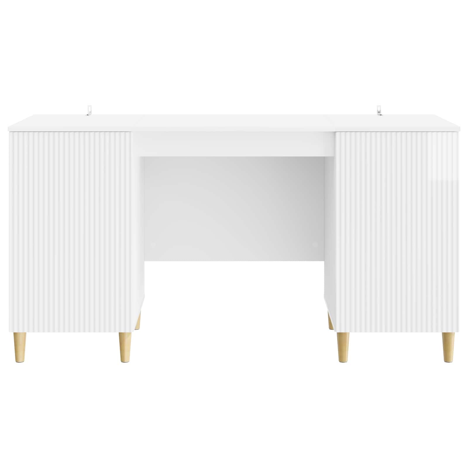 Scrivania bianca lucida, 142,5 x 50 x 75 cm, in legno con vano portaoggetti, scaffale, gestione dei cavi, ideale per casa, studio, camera dei ragazzi, laptop, monitor, stampante