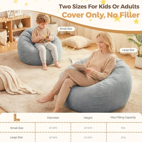 Image of Stuffed Animal Storage Bean Bag Chair Cover for Kids (No Filler), Soft Comfy Velvet Beanbag Chair Cover Machine Washable,Kids Bean Bag Chair with Handle for Living Room Bedroom Dorm,Light Gray