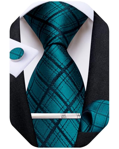 Image of DiBanGu Mens Silk Plaid Tie and Pocket Square Set | Elegant Silk Formal Tie Set, Woven Check Necktie and Cufflinks Tie Clip Set, Perfect for Wedding Party, Comes in Gift Box