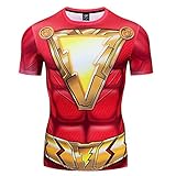 NIBOKA Shazam Short Sleeve Workout Men Compression Sport Red Gym Superhero Shirt