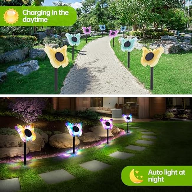 HUYIENO 4pk Solar Lights Outdoor Garden Decor Butterfly Stake Lights Waterproof Pathway Fence Lighting Ground/Wall Mounting 2 in 1 for Garden,Patio,Yard Decoration