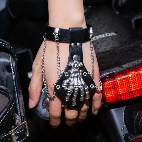 MIAO JIN 2Pcs Skeleton Hand Bracelet,Gothic Punk Rock Spike Skull Ghost Leather Cuff Bracelet Accessories With Claw Finger Wristband,Halloween Jewelry Decoration for Women Men on Party,Black2