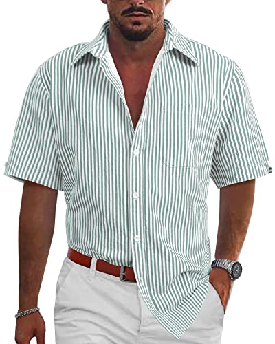 Linvich Mens Casual Striped Shirt Button Up Green Summer Short Sleeve Cotton Shirts Collared Fashion Rugular Fit Beach Shirt XL