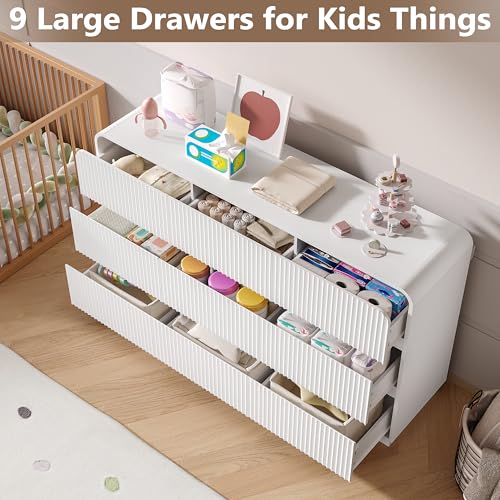 Image of BORNOON Dresser for Bedroom with 9 Drawers, Fluted Chest of Drawers with Round Curved Corner, Hidden Handles, Modern Wood Storage Organizer for Bedroom, Nursery, Living Room