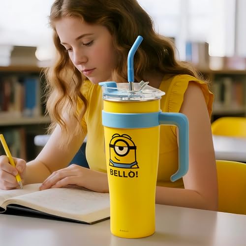 Image of MINISO Minions Travel Tumbler Stainless Steel Cup 54 oz with Handle Water Bottle with Lid and Straw Coffee Mug Holder Compatible BPA-Free for girls and kids | School Office Home