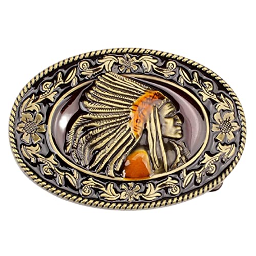 Native American Indian Chief Belt Buckle for Men, Indian Warrior Chief Head Belt Buckle, Indian Tribal Chief Filigree Belt Buckle, Western Cowboy Belt Buckle, Punk Rock Oval Belt Buckle Gifts (Gold)